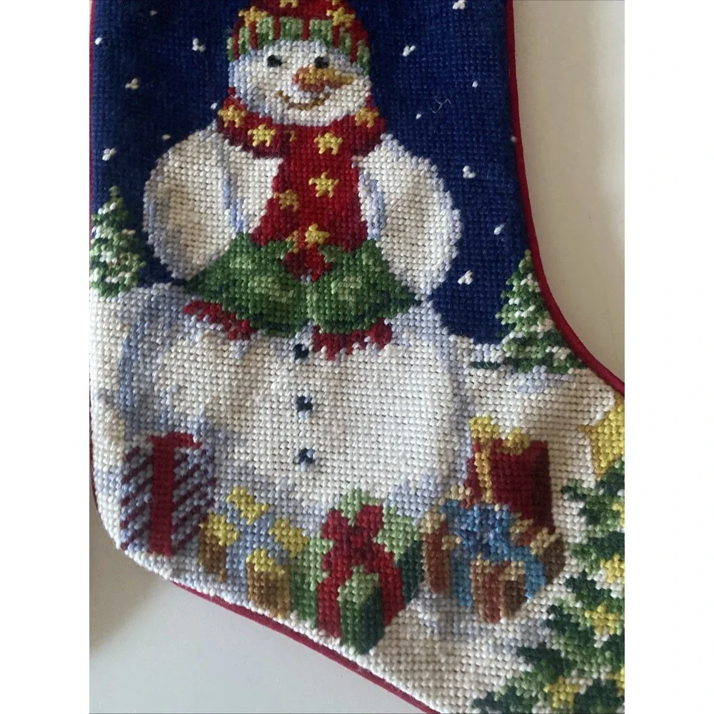 Christmas Snowman Lot of 2 Stockings Wool Needlepoint By Hand Red Velvet